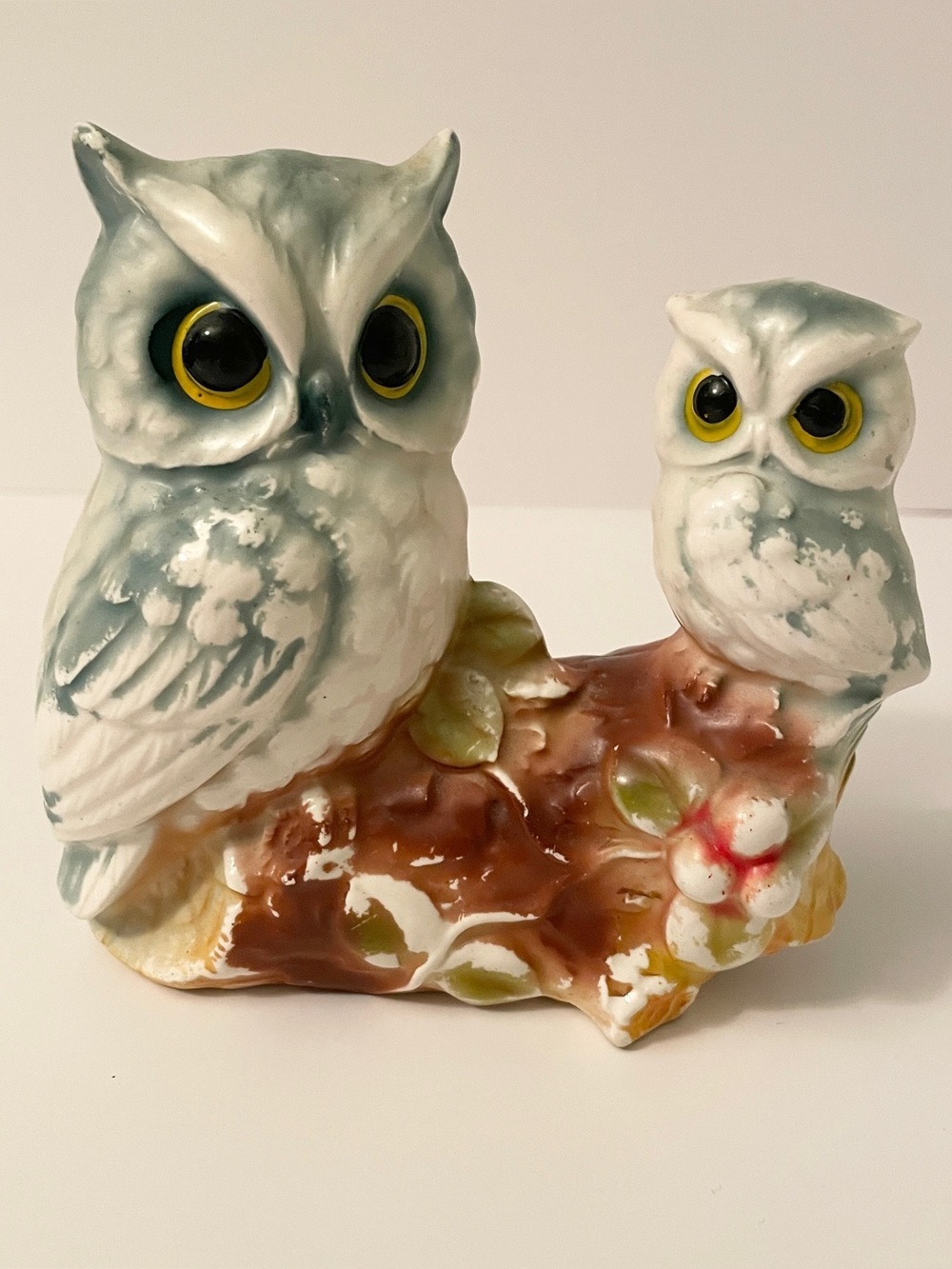 Vintage Ceramic Owl & Owlet on Log Figurine Made in Japan